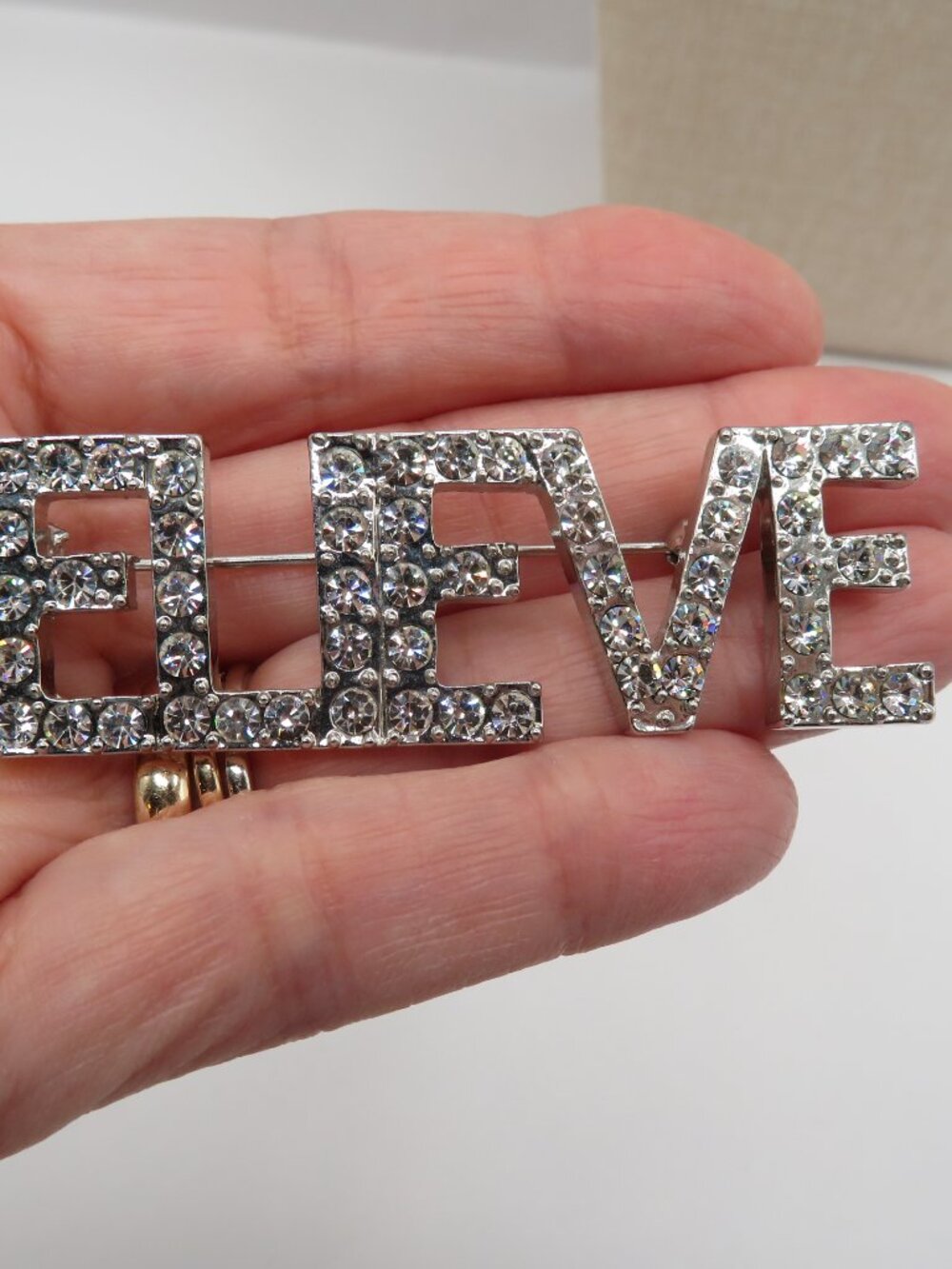 Believe Rhinestone Silver Tone Brooch - Picture 4 of 7